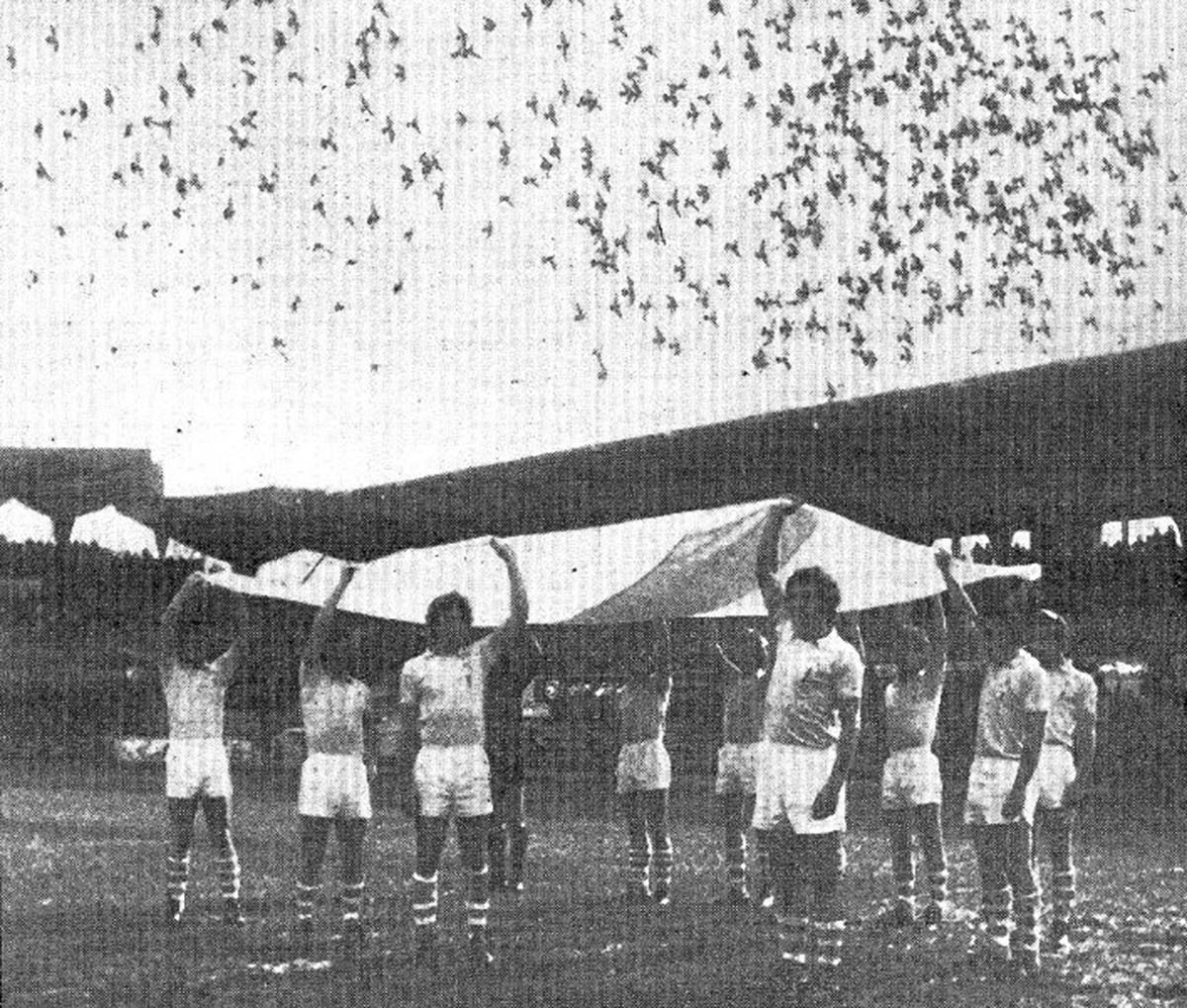 Els jugadors locals exhibint la bandera gallega mentre desenes de coloms emprenen el vol abans del Celta-Granada de 1977 - Gradaderio Els jugadors locals exhibint la bandera gallega mentre desenes de coloms emprenen el vol abans del Celta-Granada de 1977 - Gradaderio