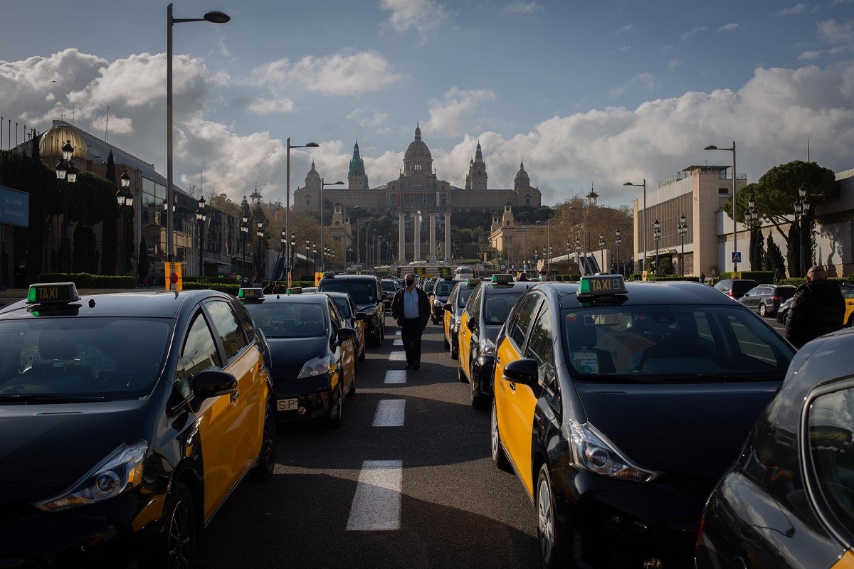 Els taxistes han començat la maxa lenta a l'avinguda Maria Cristina - Europa Press Els taxistes han començat la maxa lenta a l'avinguda Maria Cristina - Europa Press