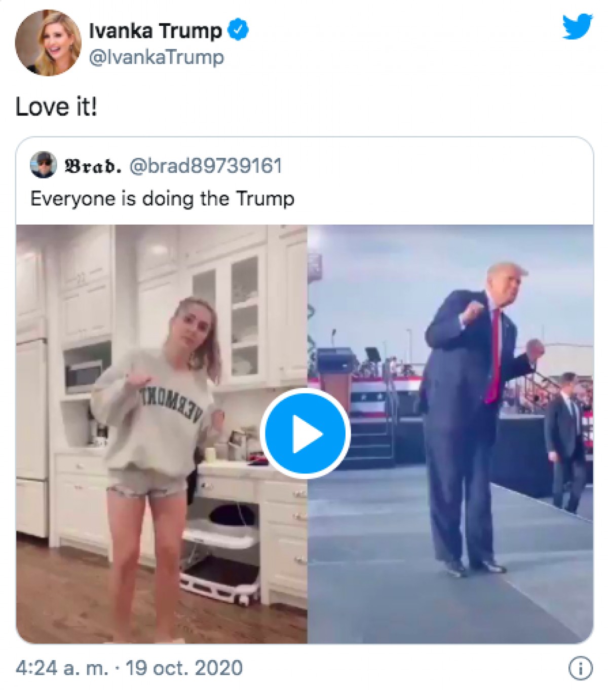 Tuit d'Ivanka Trump compartint el repte viral d'imitar el ball de son pare. - Twitter Tuit d'Ivanka Trump compartint el repte viral d'imitar el ball de son pare. - Twitter