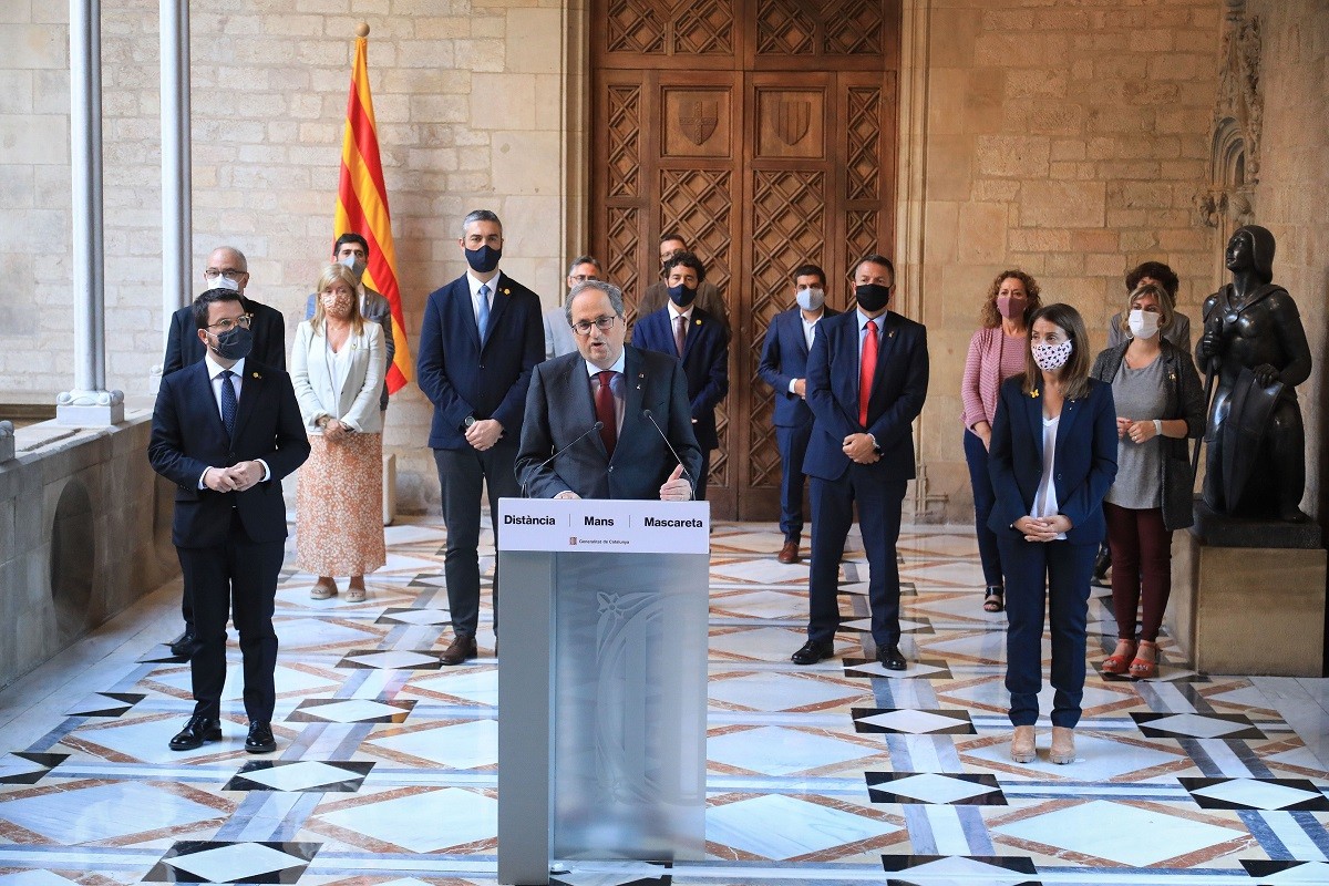 El president Torra, amb tots els consellers del Govern, durant el seu comiat després de ser inhabilitat - Govern / Jordi Bedmar El president Torra, amb tots els consellers del Govern, durant el seu comiat després de ser inhabilitat - Govern / Jordi Bedmar