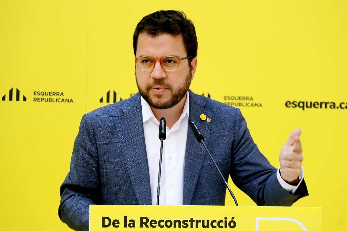 Pere Aragonès durant l'acte d'Esquerra sobre la reconstrucció - ACN Pere Aragonès durant l'acte d'Esquerra sobre la reconstrucció - ACN