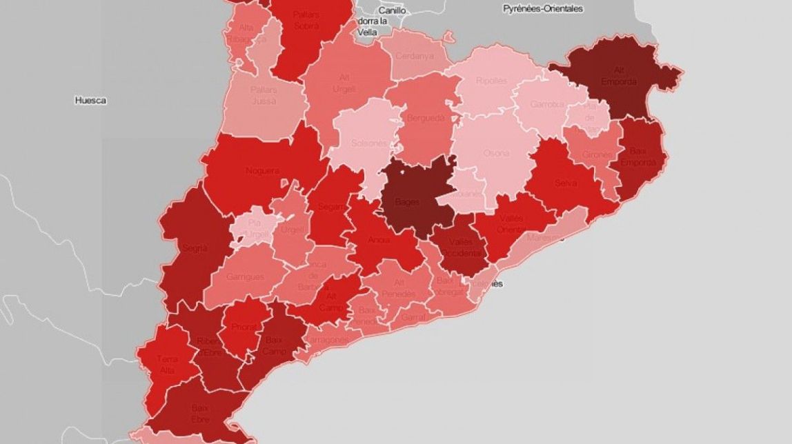 Mapa comarcal de Catalunya, en funció de les hectàrees cremades des del 1999. - Mapa comarcal de Catalunya, en funció de les hectàrees cremades des del 1999. -