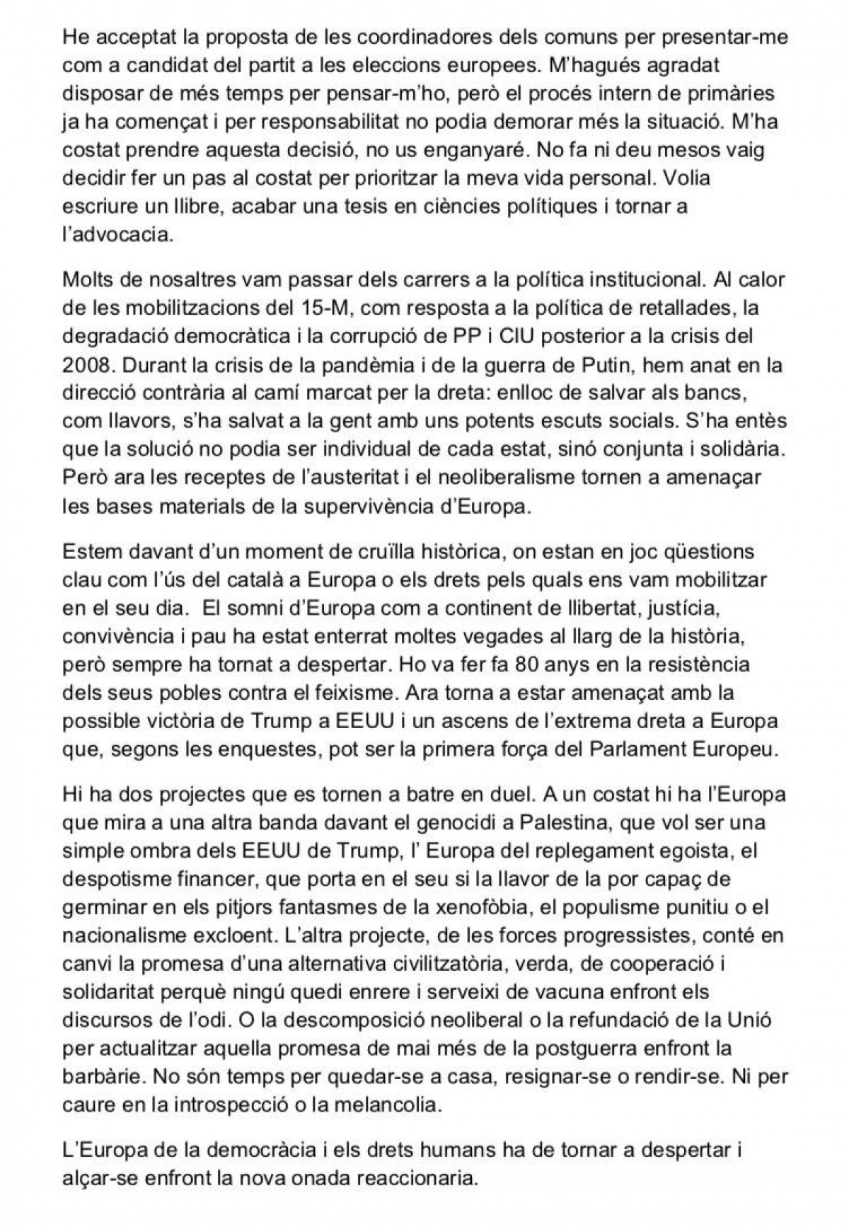 Asens es presentarà a les europees per plantar cara a l'«onada reaccionària»
