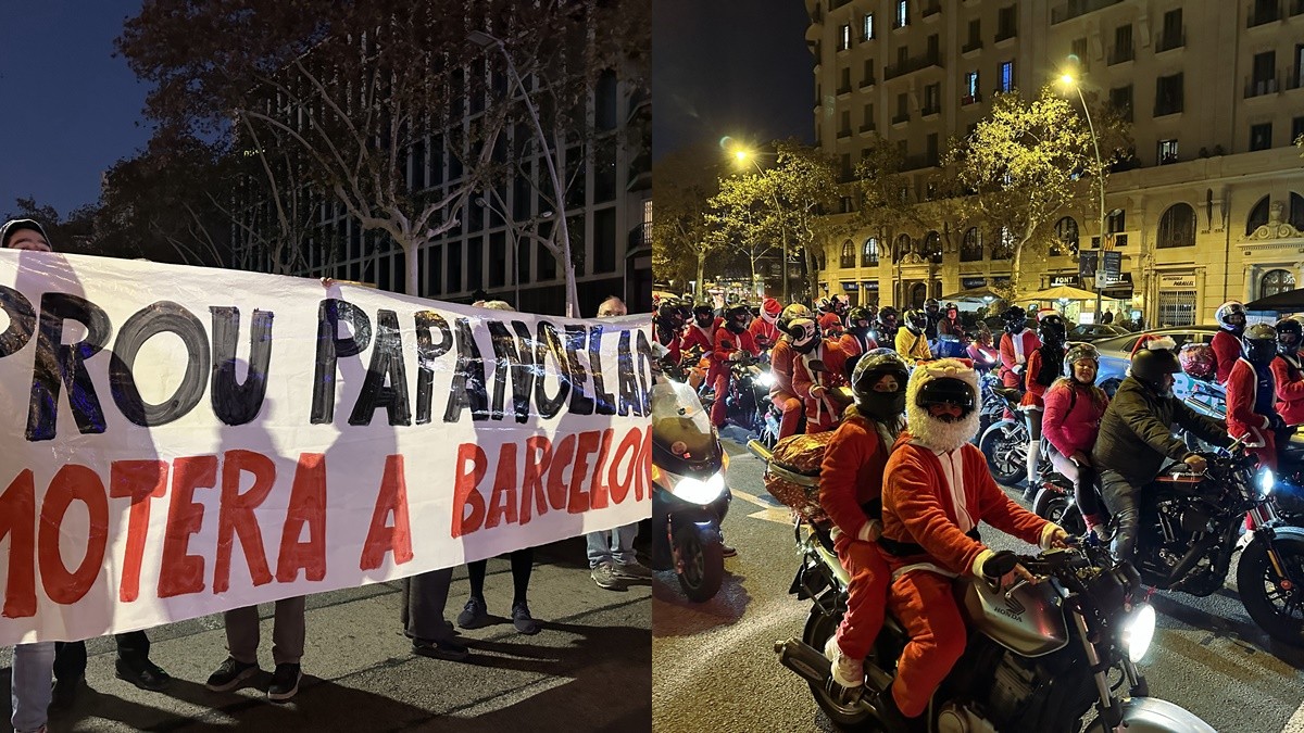 Desenes de motoristes disfressats de Pare Noel circulen per l'avinguda del Paral·lel