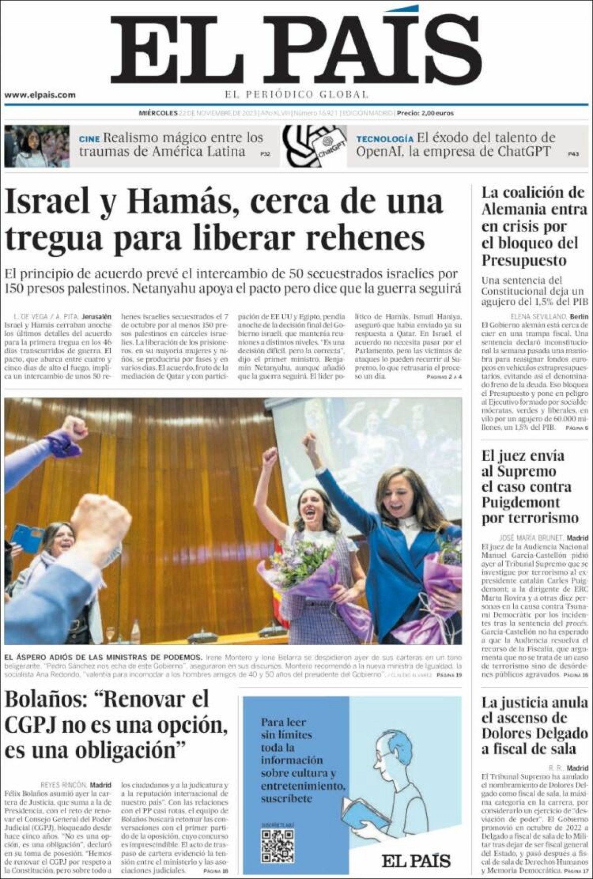 Les portades dels diaris de dimecres 22 de novembre de 2023