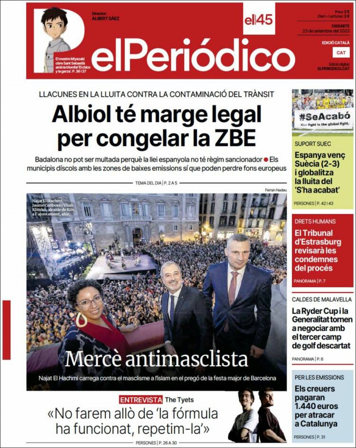 Les portades dels diaris de dissabte 23 de setembre de 2023