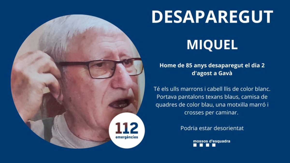 Demanen ajuda per trobar un avi de 85 anys desaparegut a Gavà