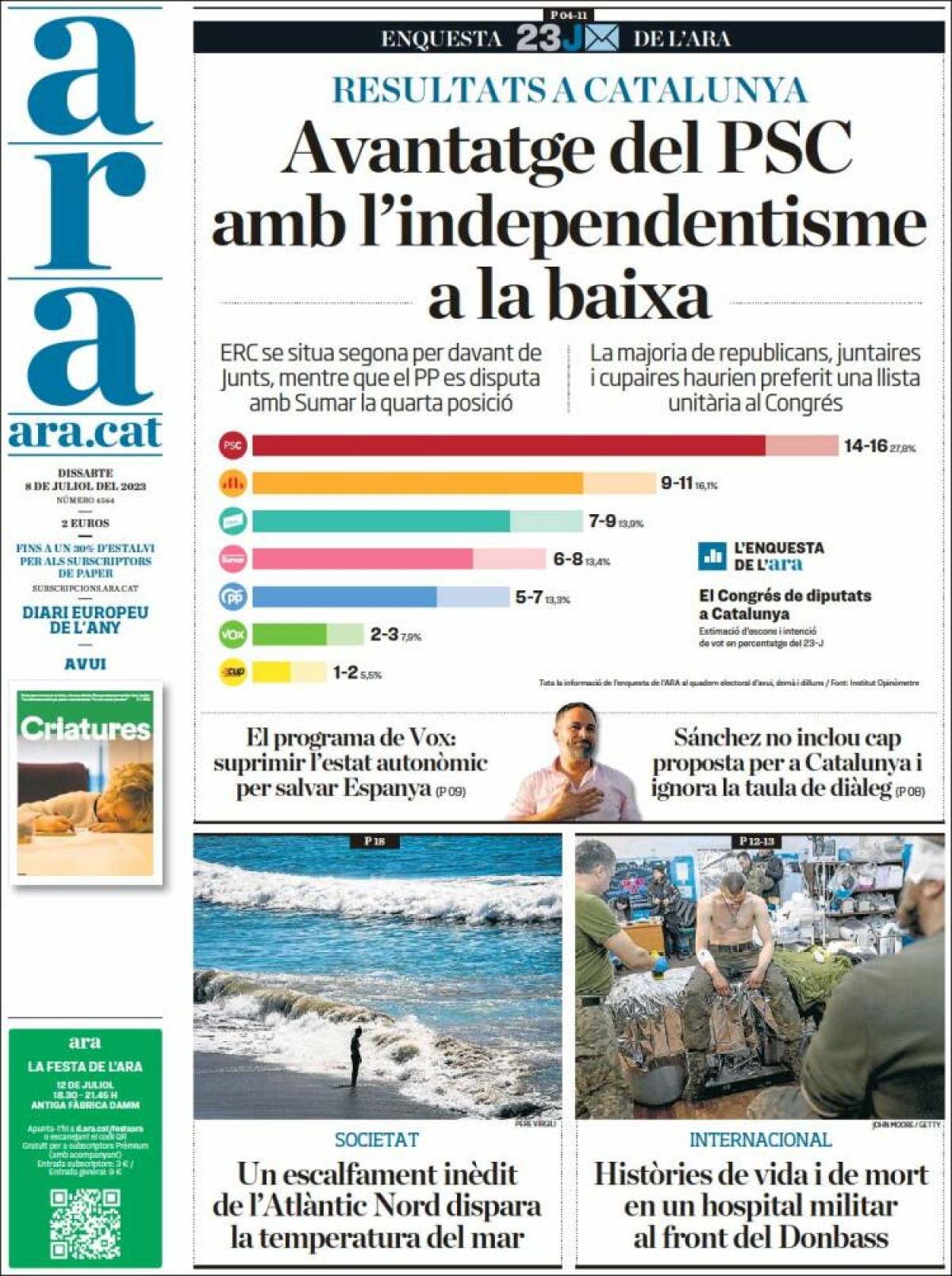 Les portades dels diaris de dissabte 8 de juliol de 2023