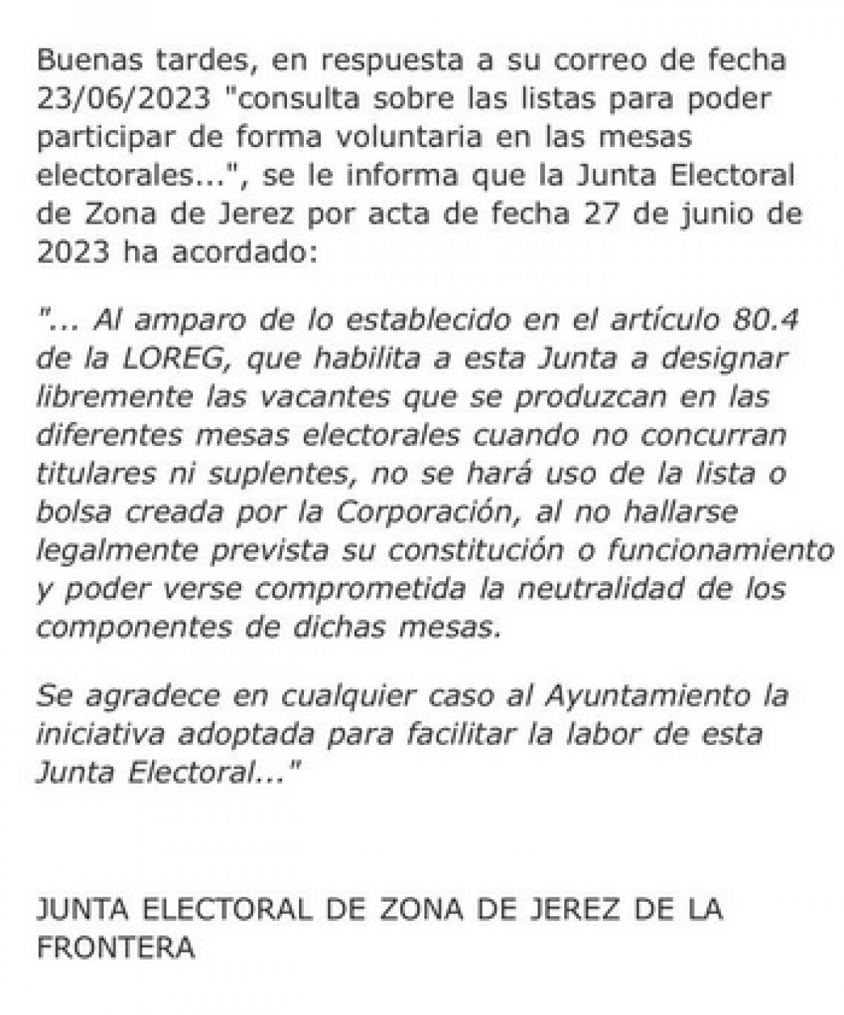 Resposta de la Junta Electoral de Xerès de la Frontera a Maldita.es - 