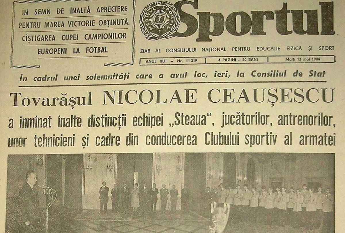 El diari esportiu romanès Sportul recull en portada la recepció que Nicolae CeauÈ™escu va dedicar, el 12 de juny de 1986, a l’Steaua campió d’Europa - Sportul