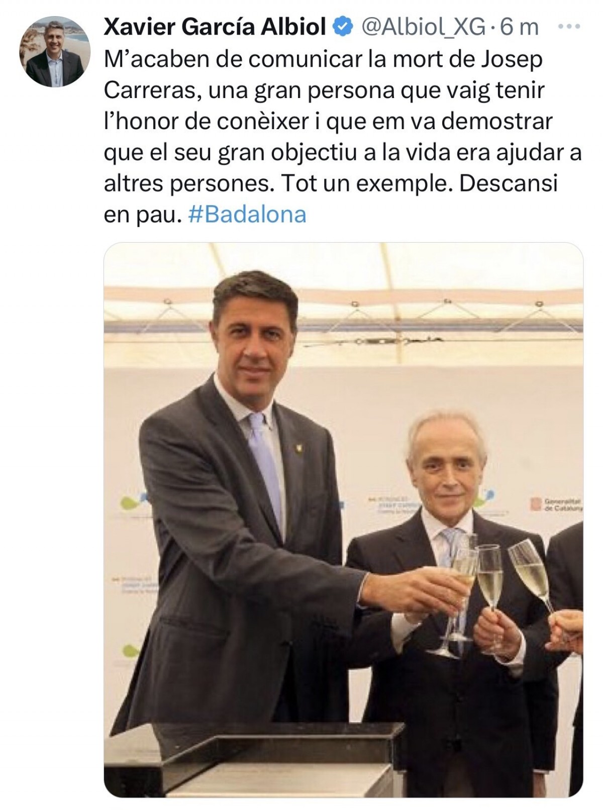 Albiol lamenta la mort de Josep Carreras... i la seva fundació ho desmenteix
