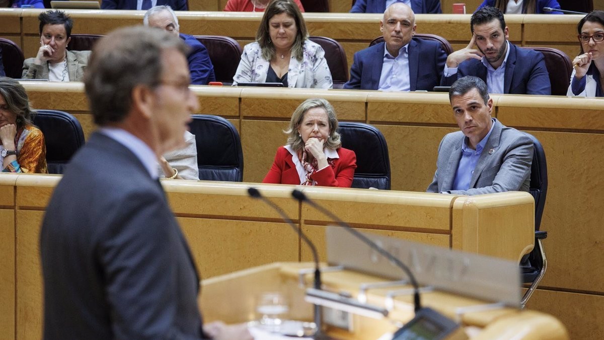 Pedro Sánchez, escoltant Alberto Núñez Feijóo al Senat. - Europa Press