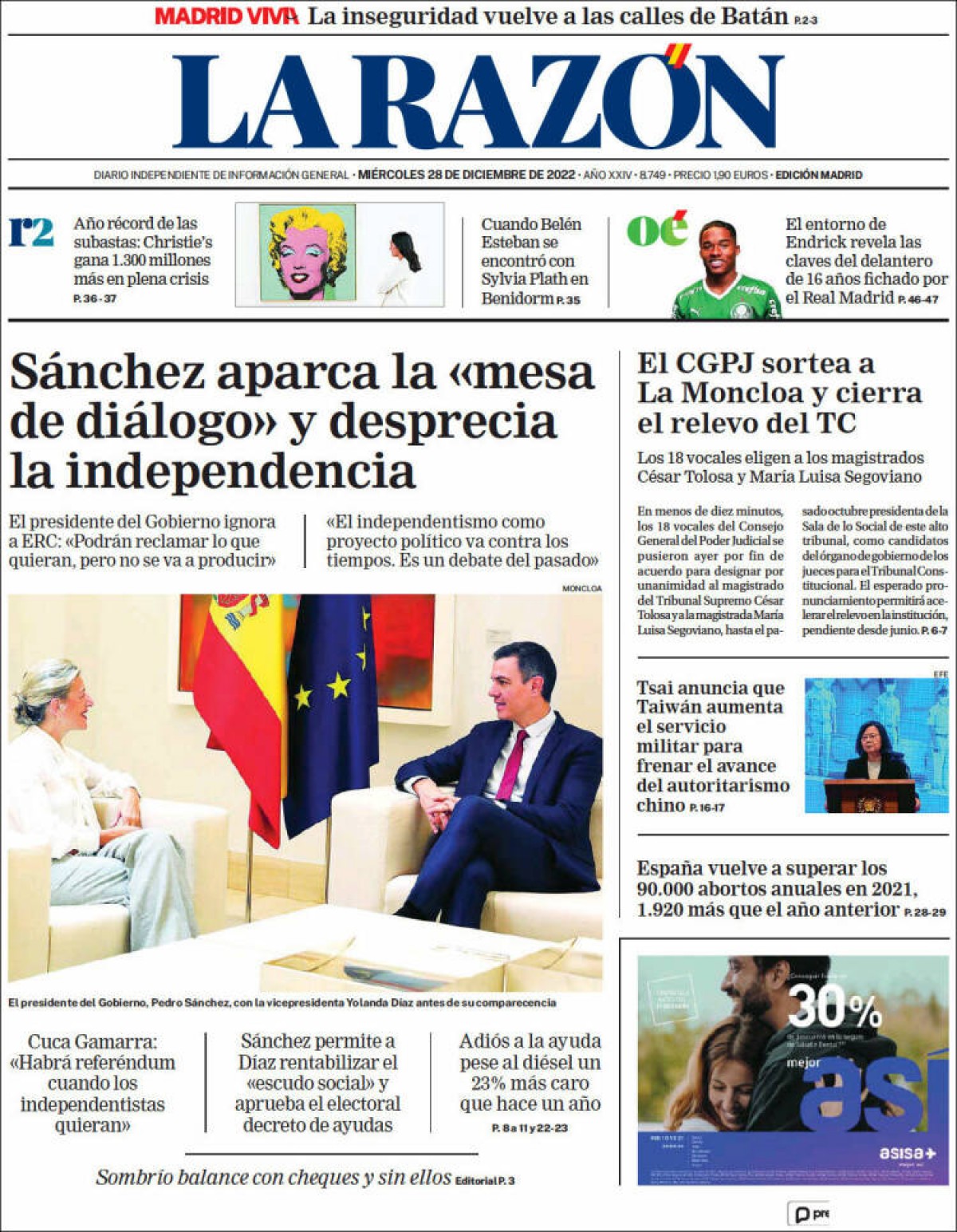 Portades | «Bárcenas, de la presó a col·laborar en un menjador social», a «El País»