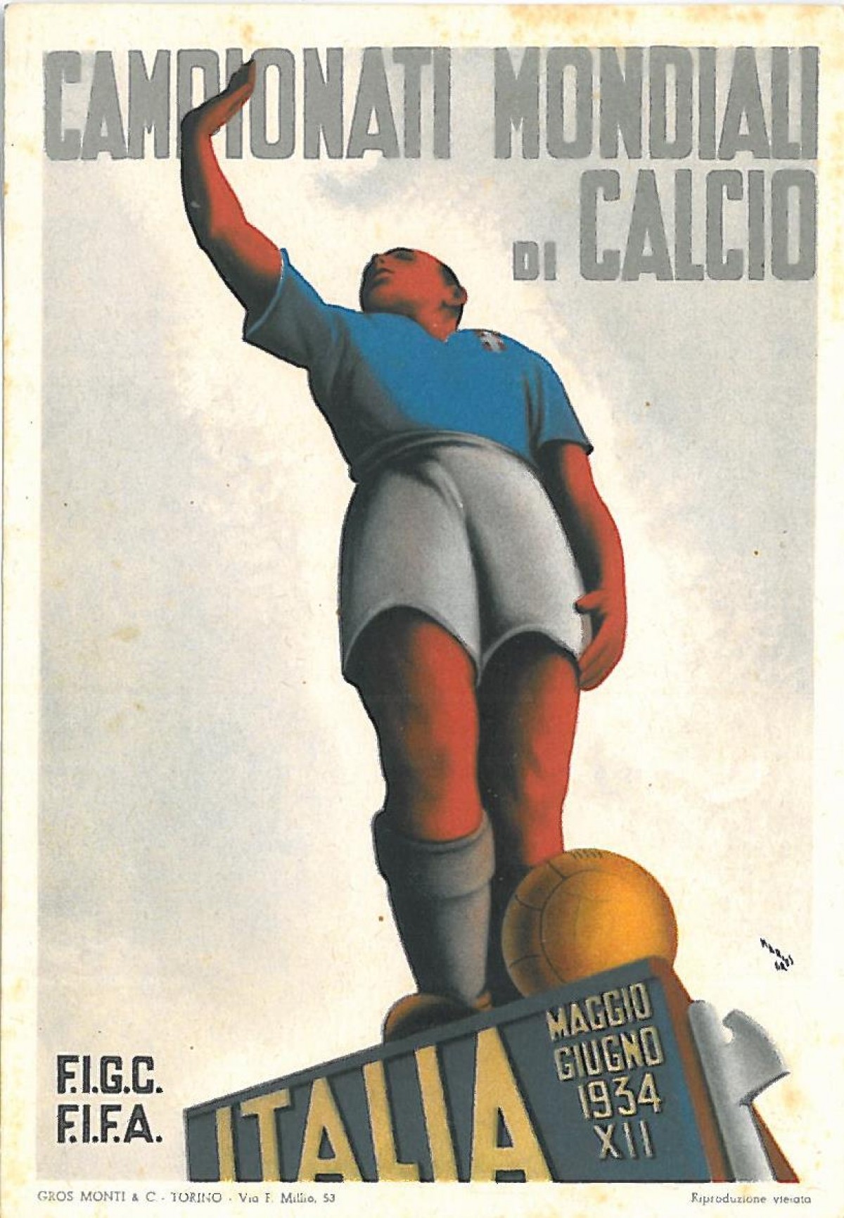 Un dels cartells del Mundial de 1934 que representava un futbolista realitzant la salutació feixista - FIGC