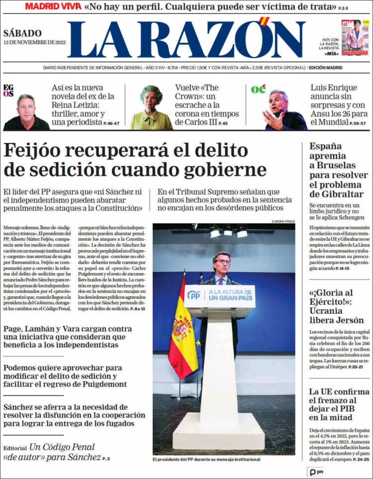 Portades | «El Suprem veu una 'amnistia encoberta' en la derogació de la sedició», a «El Mundo» 