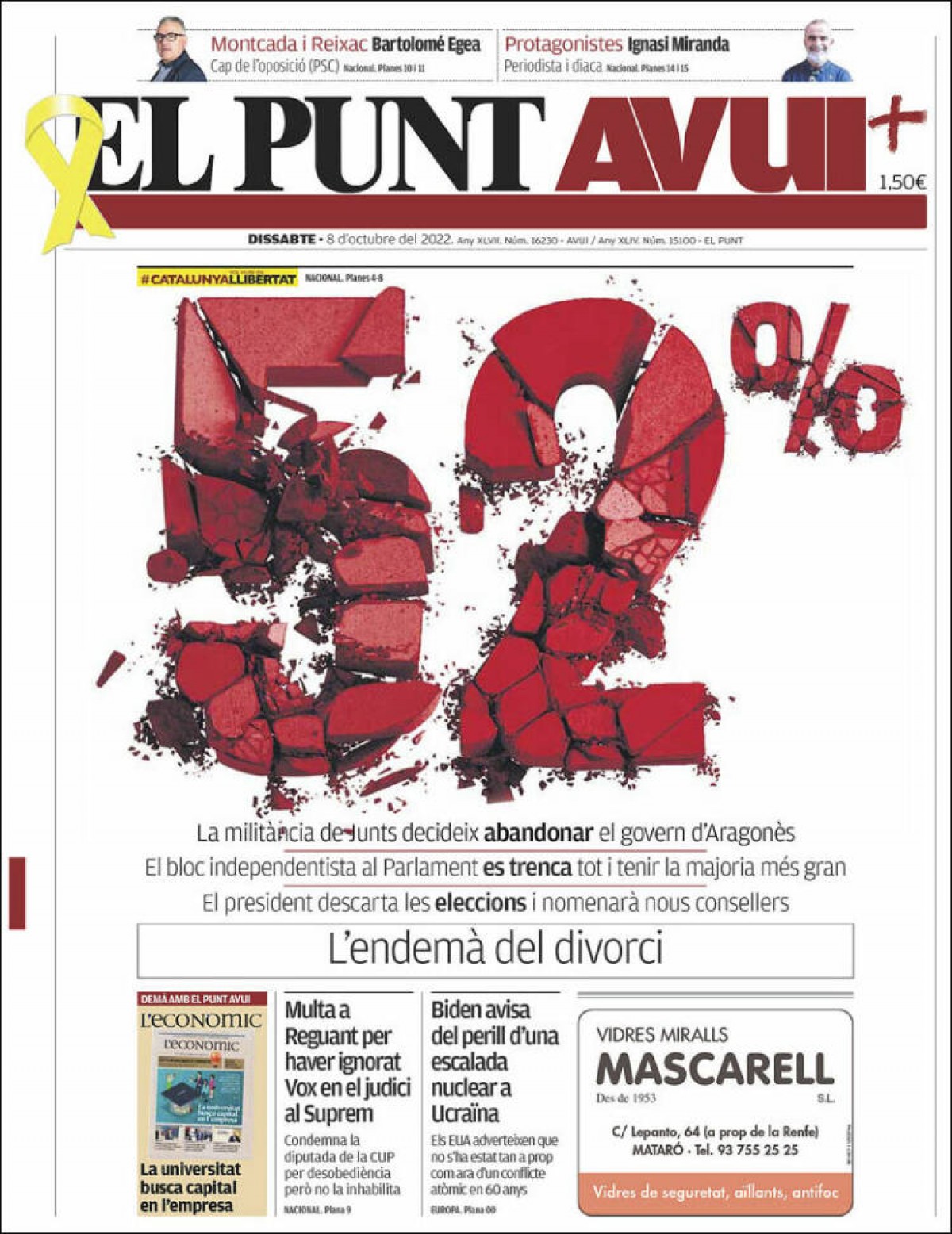 Portades | «Junts trenca l'independentisme: Aragonès, en mans del PSC», a «El País»