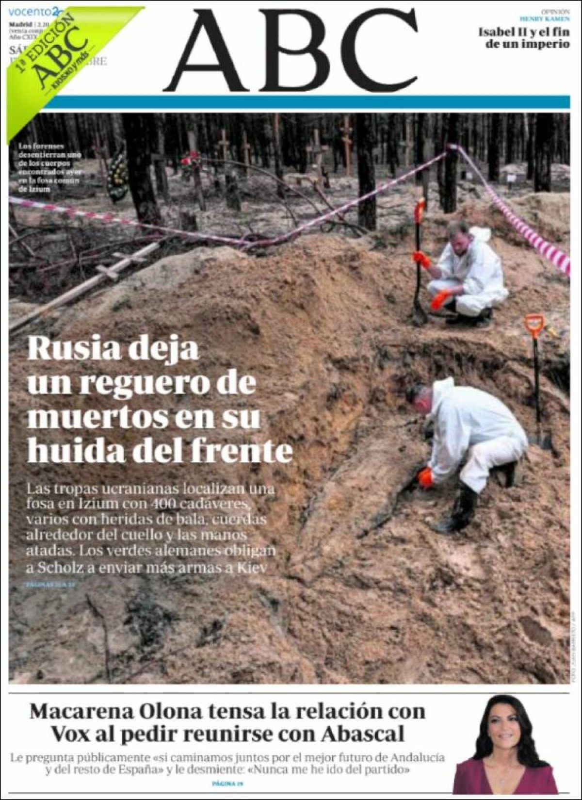 Portades | «Ucraïna troba centenars de morts en una zona alliberada», a «El País»