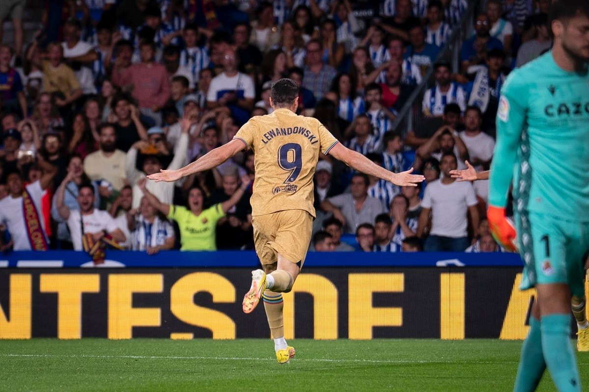 Lewandowski, celebrant un gol contra la Reial Societat - FCB