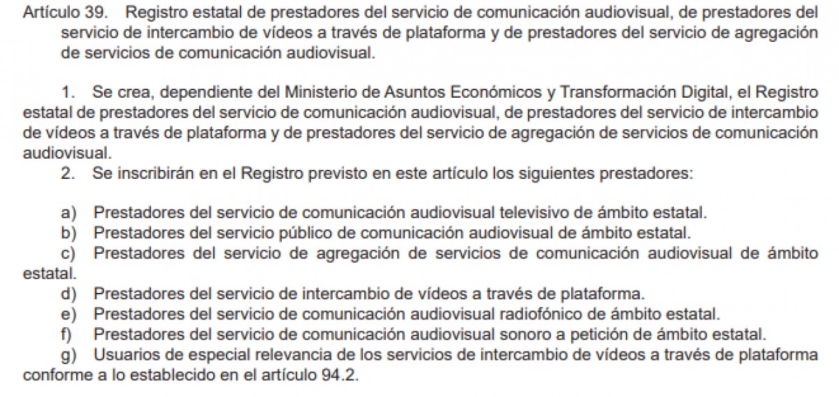 L'article 39 de la nova llei audiovisual - Boletín Oficial de las Cortes Generales