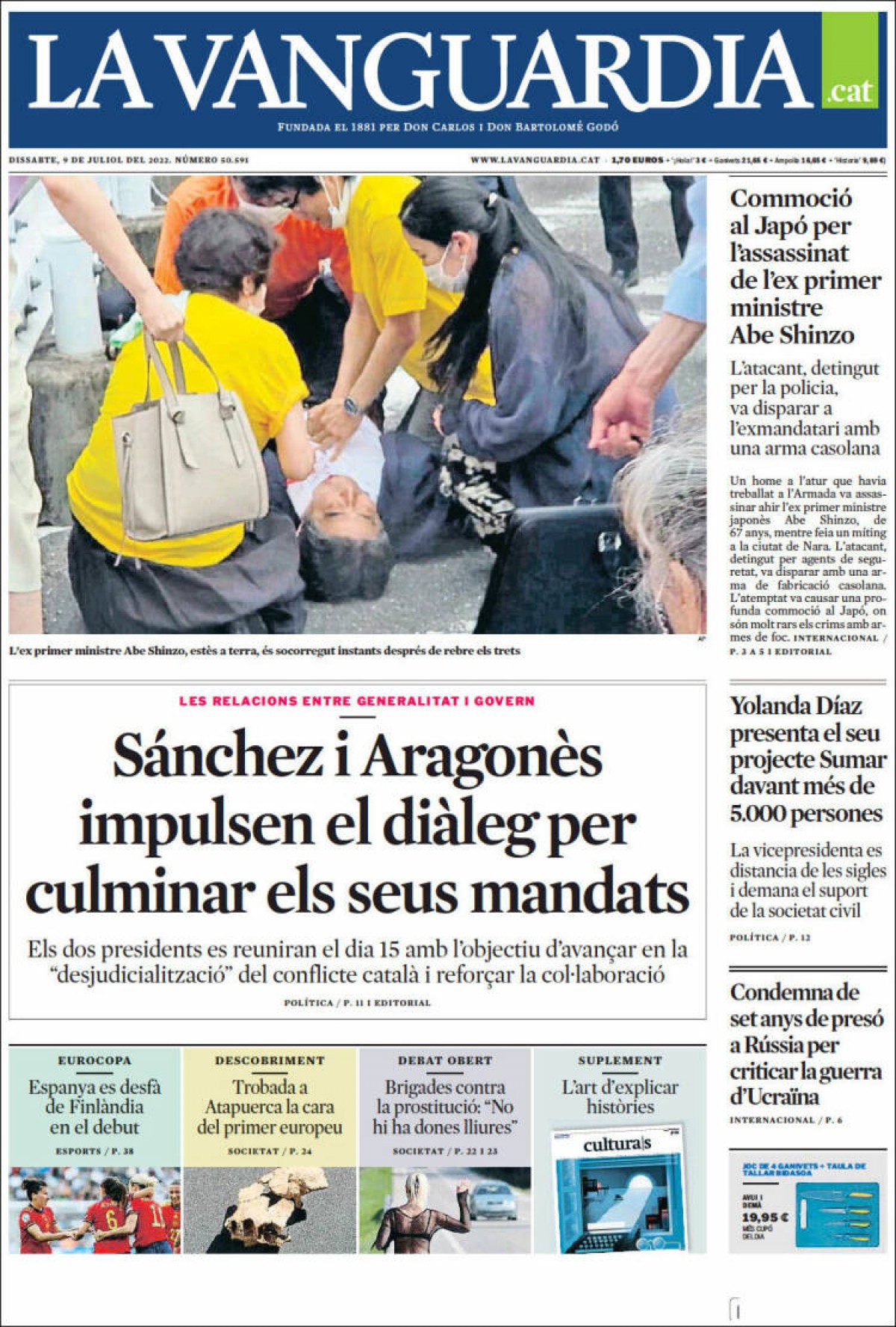 Portades | «Abe, exprimer ministre del Japó, assassinat al bell mig del carrer», a «El País»