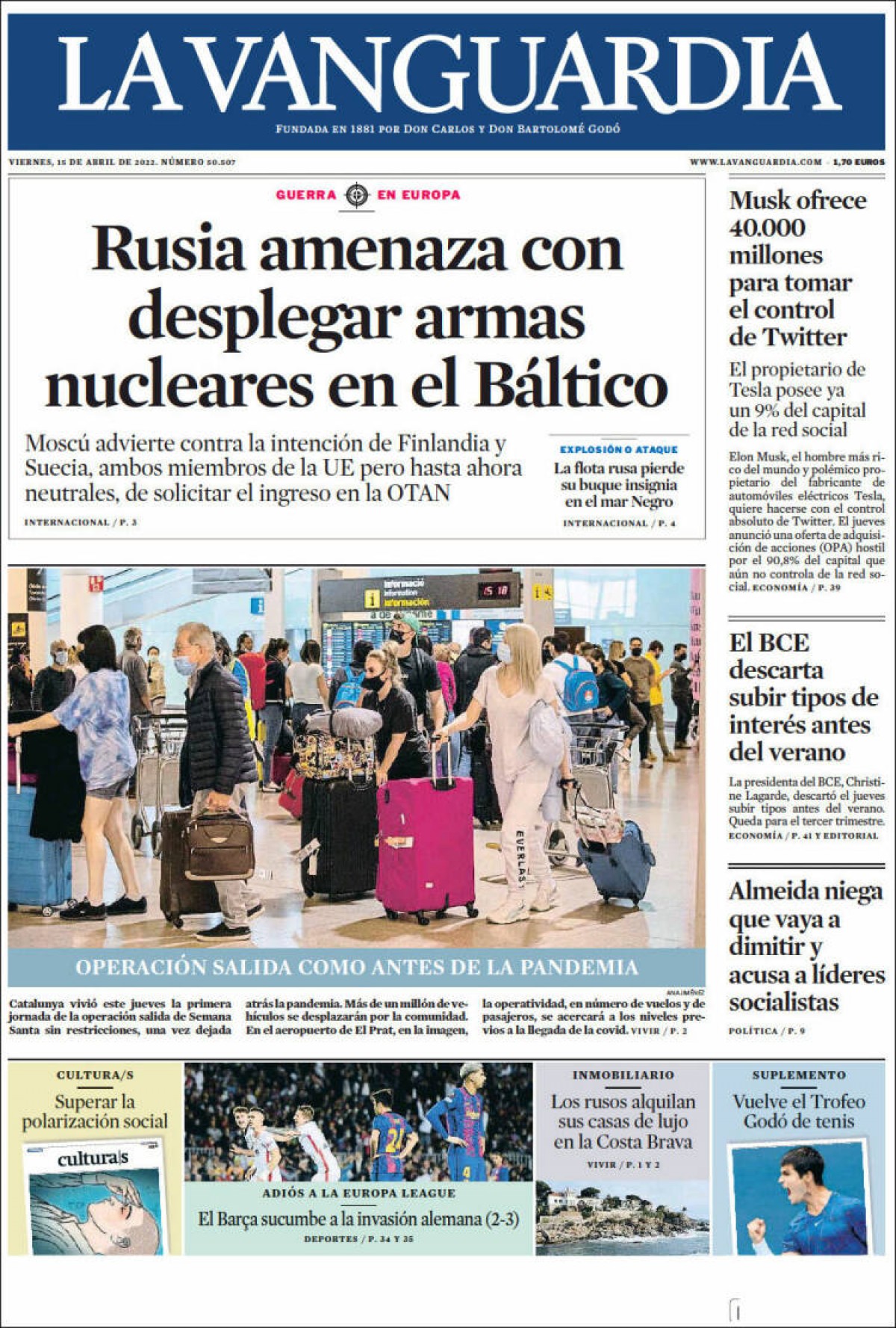 Portades | «Rússia amenaça de desplegar armes nuclears al Bàltic», a «La Vanguardia»