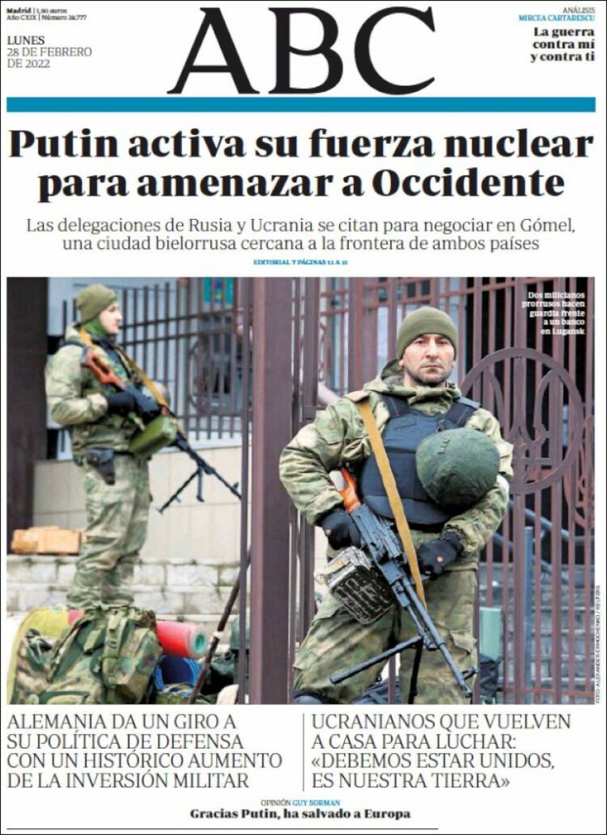 Portades | «Putin respon a la pressió amb l'amenaça nuclear», a «El Periódico»