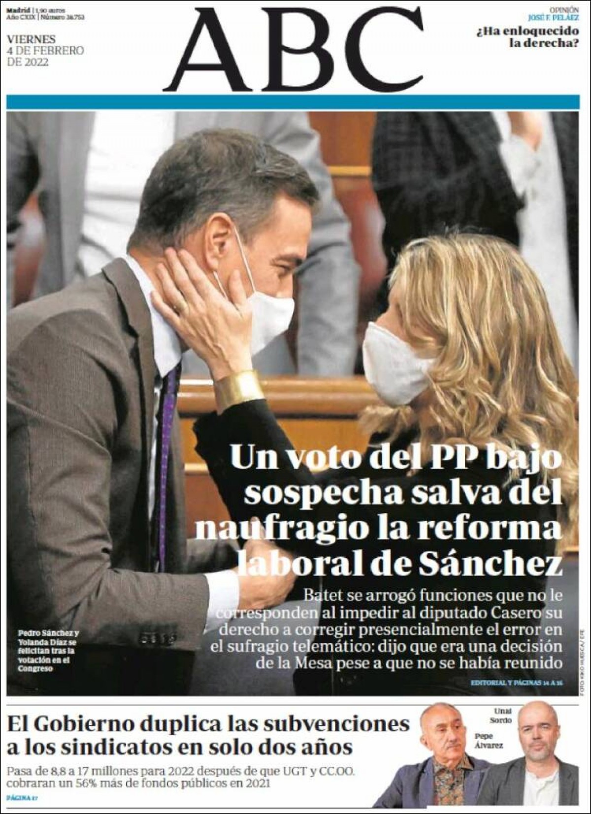 Portades | «Casado avisa que portarà el recompte de la reforma laboral al Constitucional», a «La Vanguardia»