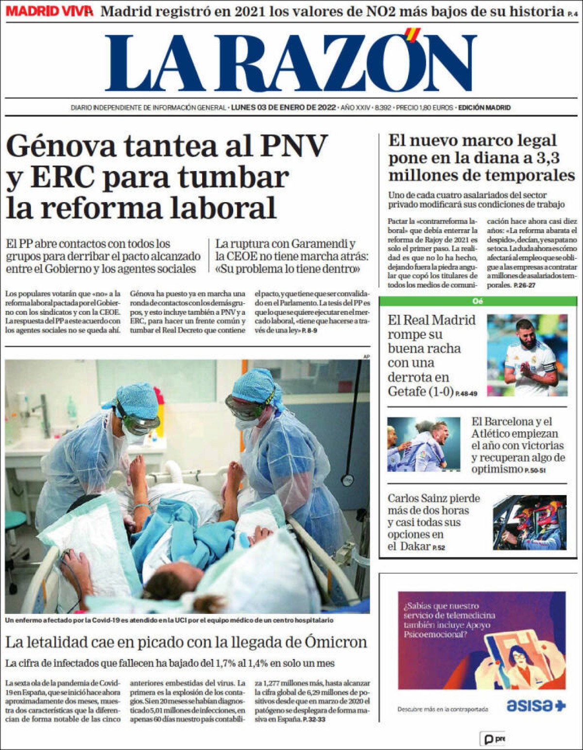 Portades | «La sisena onada apunta a l'inici del final de la pandèmia», a «El Periódico»