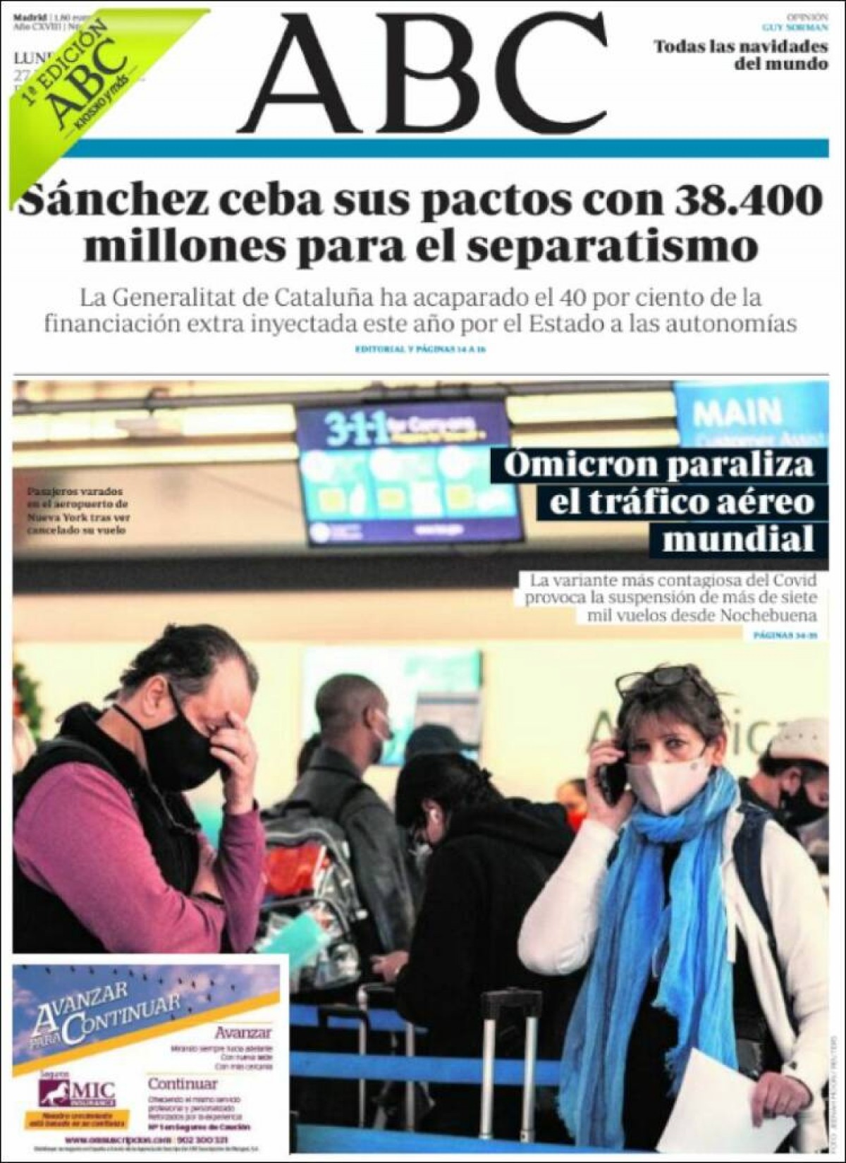 Portades | «Els ingressats a l'UCI s'han doblat des del pont», a l'«Ara»