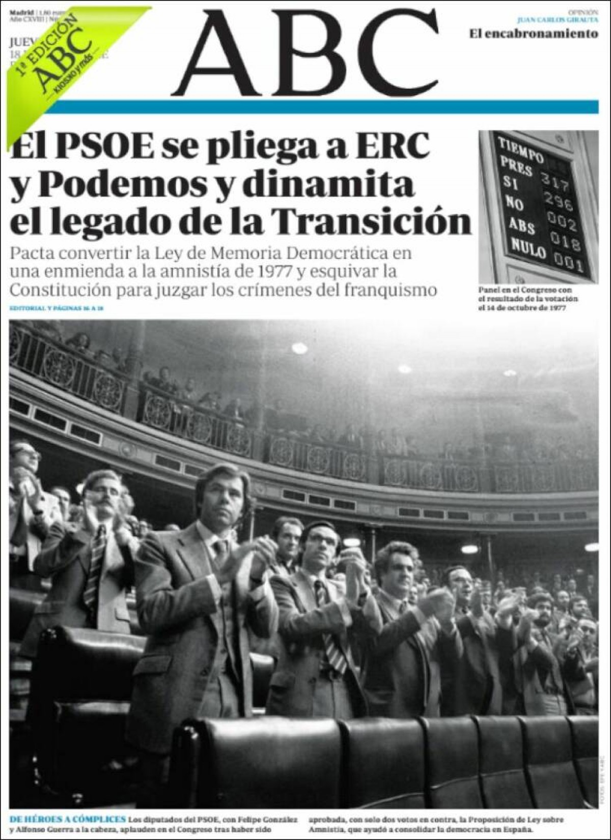 Portades | «El govern obre la porta a jutjar els crims franquistes», a «El País»