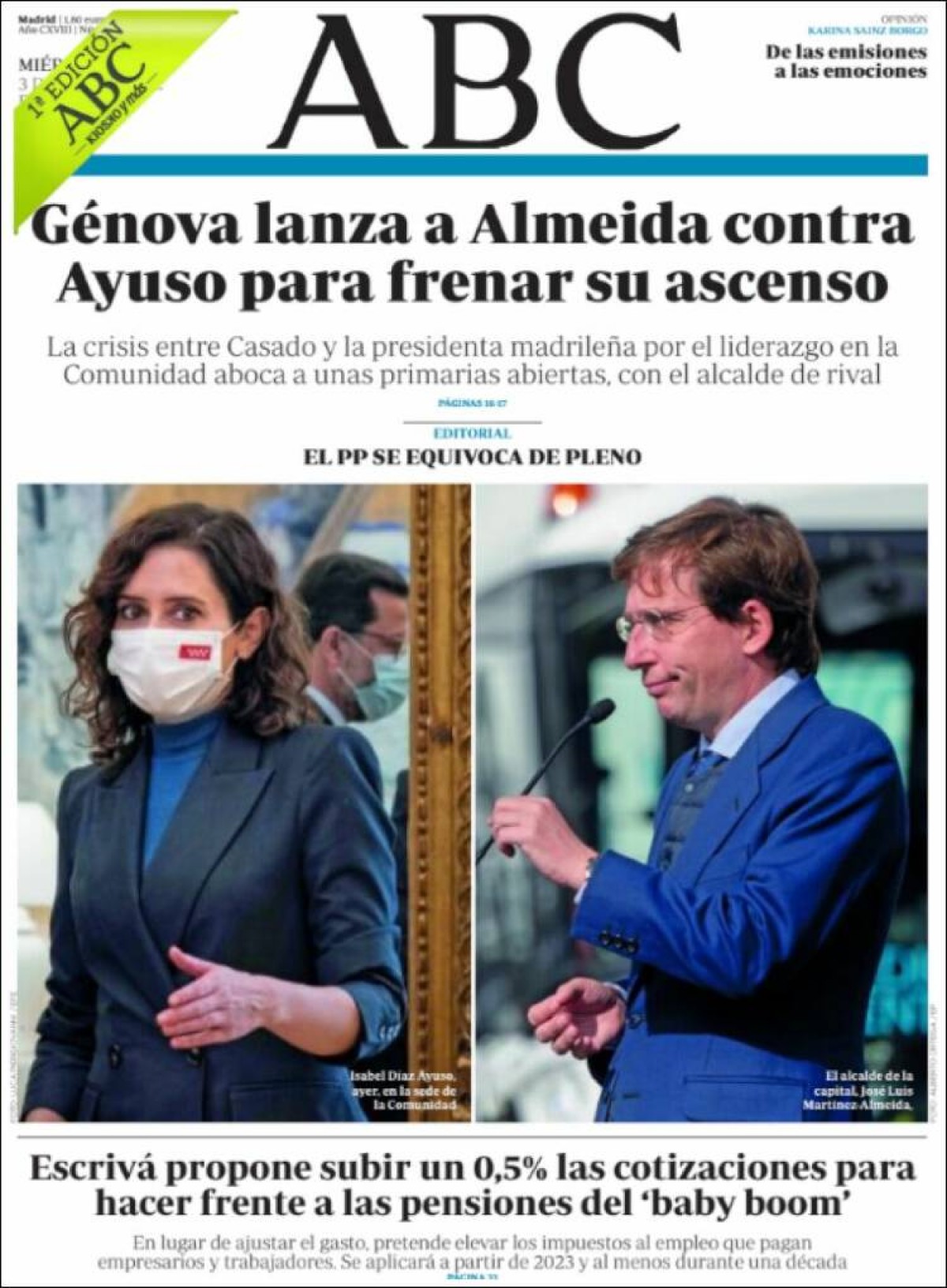 Portades | «Escrivá planteja pujar la cotització 10 anys per pagar les pensions», a «El Mundo»