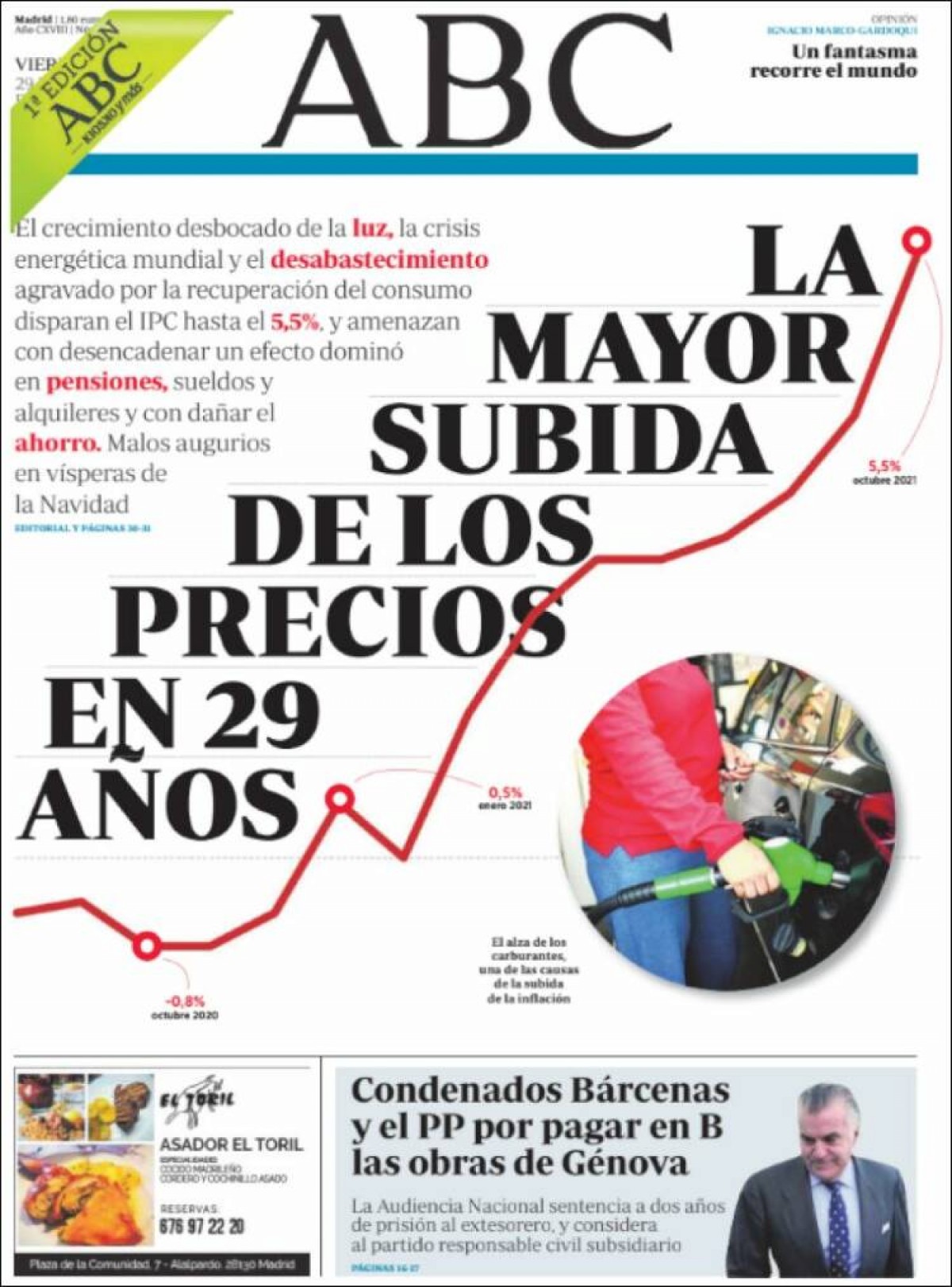 Portades | «Els preus es disparen al major nivell en 30 anys i alarmen el BCE», a «El Mundo»