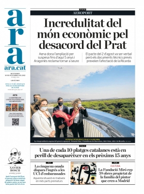 Portades | «Una de cada 10 platges catalanes està en perill de desaparèixer en els pròxims 15 anys», a l'«Ara»