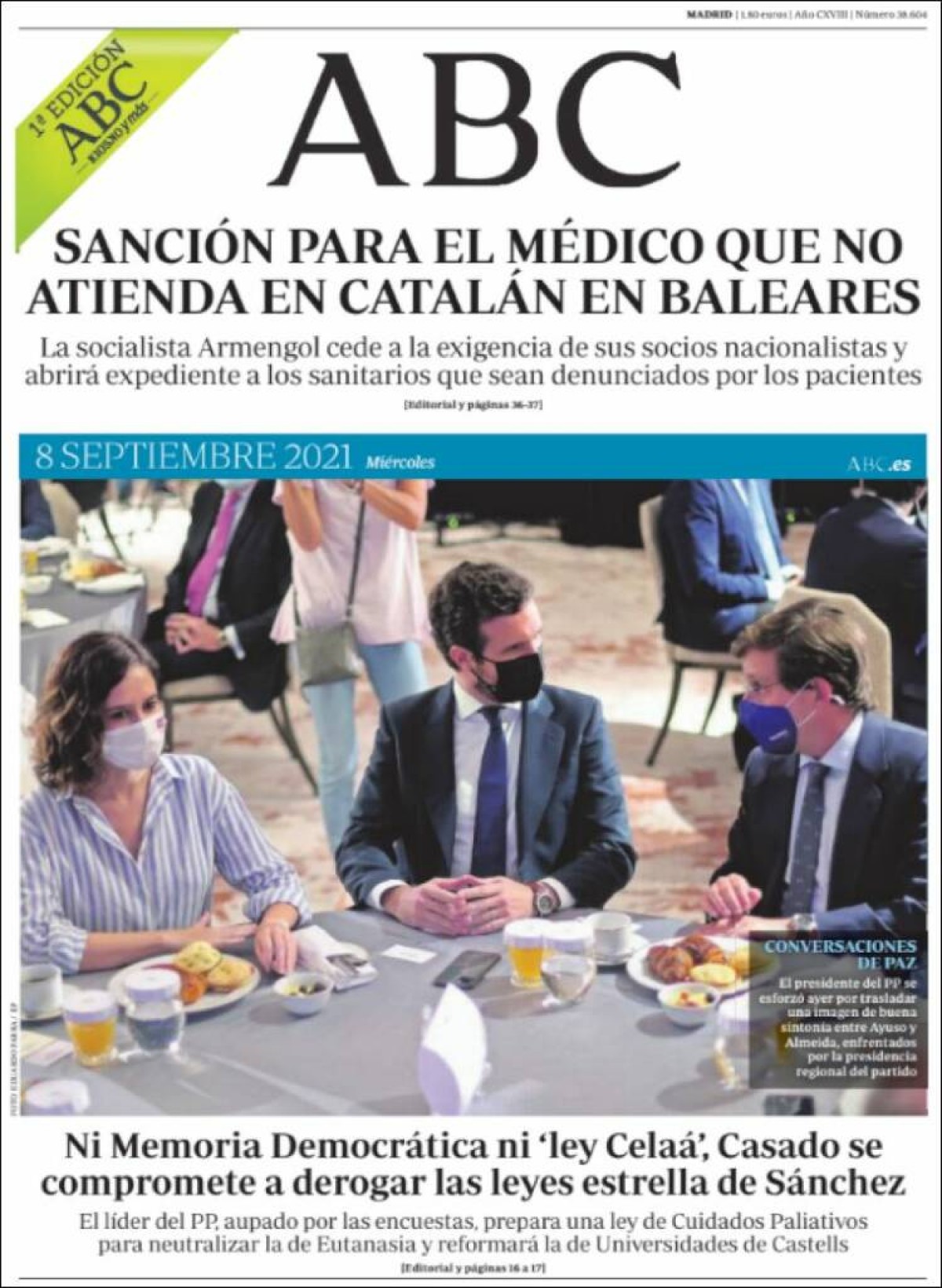 Portades | «Sanció per al metge que no atén en català a les Illes Balears», a l'«ABC»