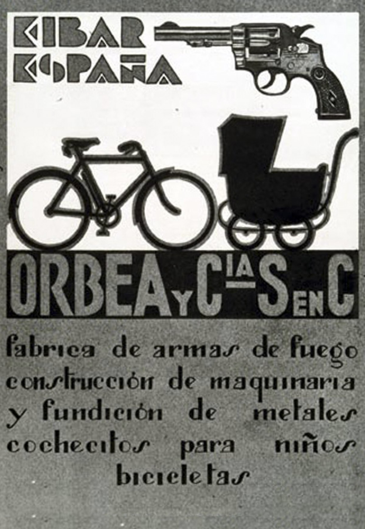 Anunci de l’empresa eibarresa Orbea publicitant els seus principals productes: armes, bicicletes i cotxets per a nadons - Orbea