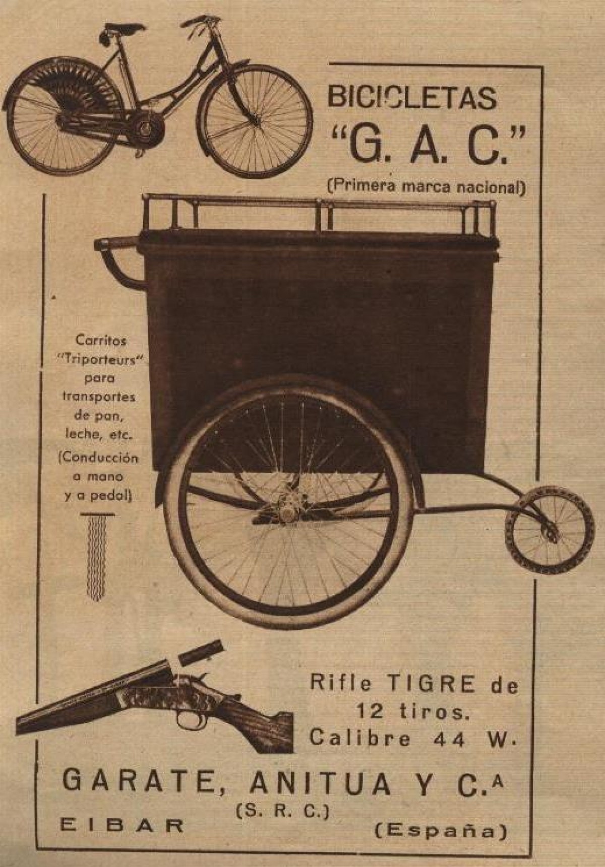 Propaganda de la marca GAC, una de les principals fabricants d’armes i de bicicletes d’Eibar - GAC
