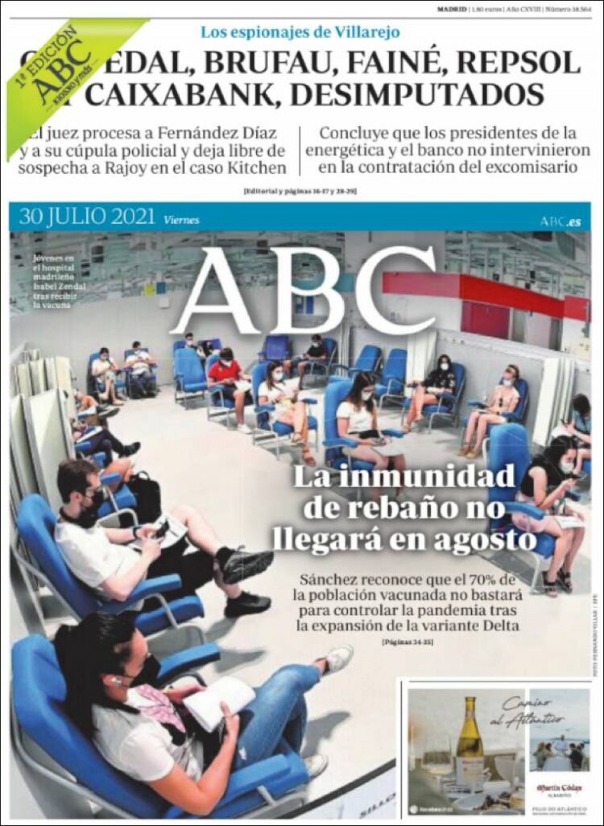 Portades | «El TSJ canari tomba el passaport Covid a bars i restaurants», a «El Mundo»
