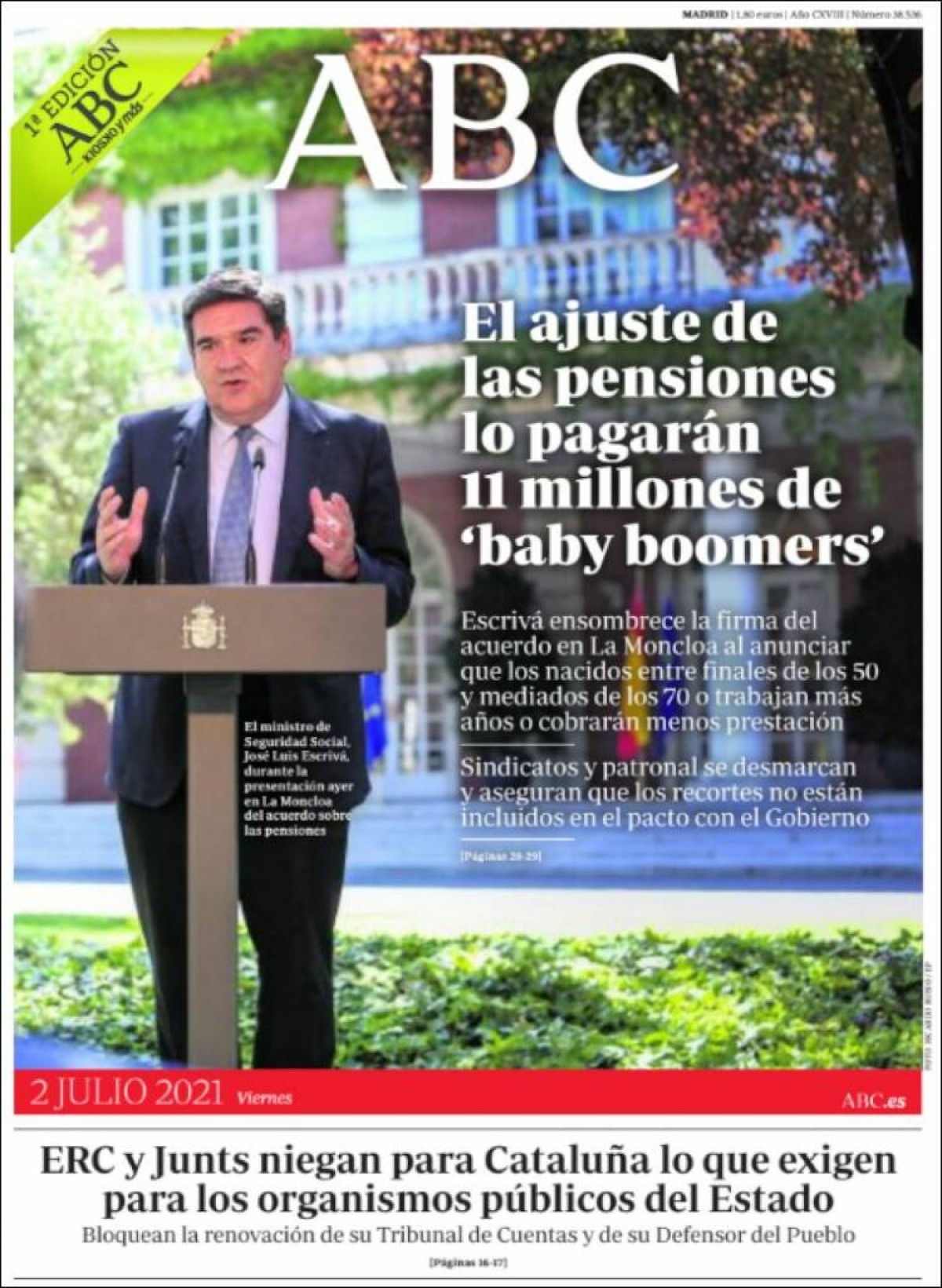 Portades | «Avís als 'baby boomers': treballar més o menys pensió», a «El Periódico»
