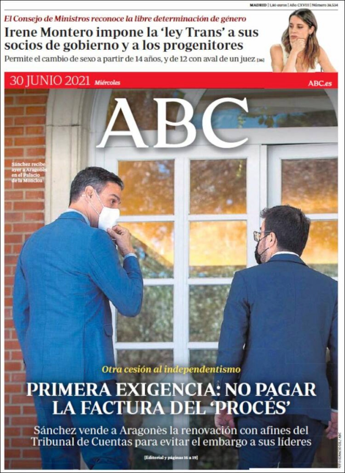 Portades | «Primera exigència:  no pagar la factura del 'procés'», a l'«ABC»