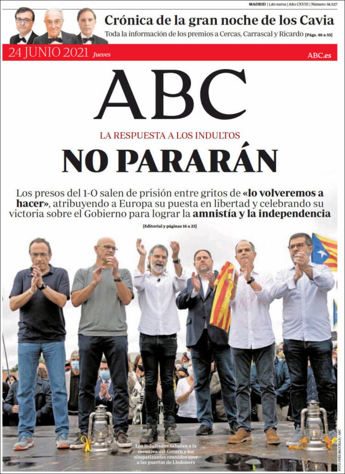 Portades | «L'Advocacia de l'Estat rebutja les al·legacions a l'embargament a Junqueras i Mas-Collell», a «El Mundo»