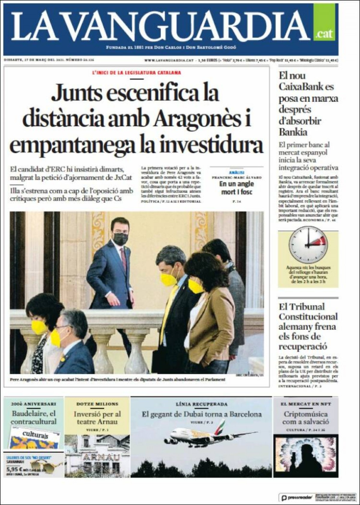 PORTADES «Junts escenifica la distància amb Aragonès i empantanega la investidura», a «La Vanguardia»