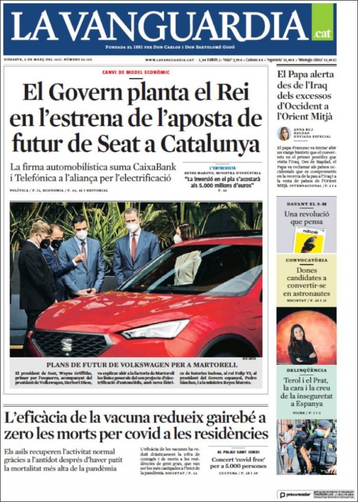PORTADES «Pressió per administrar la vacuna d'AstraZeneca als més grans de 55 anys», a l'«Ara»