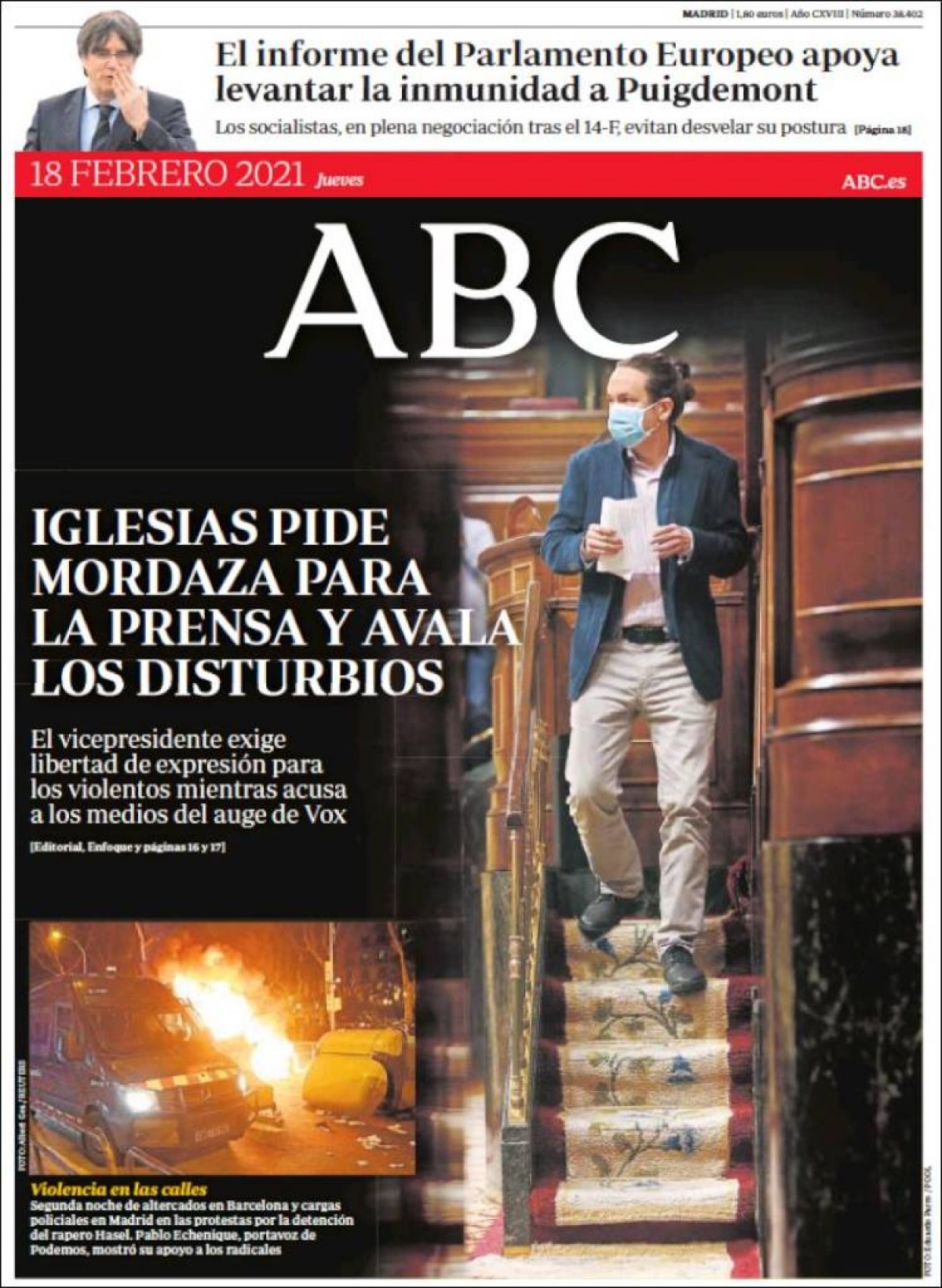 PORTADES «L'informe del Parlament Europeu dona suport a aixecar la immunitat a Puigdemont», a l'«ABC»