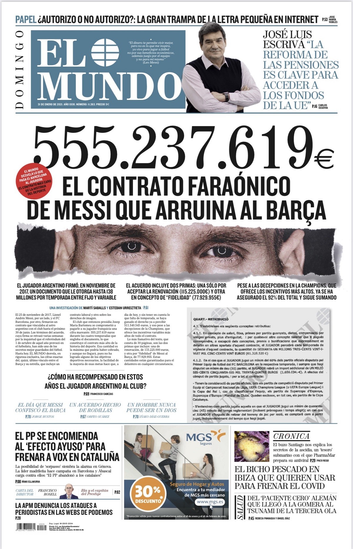 PORTADES«El contracte faraònic de Messi que arruïna al Barça» a «El Mundo»