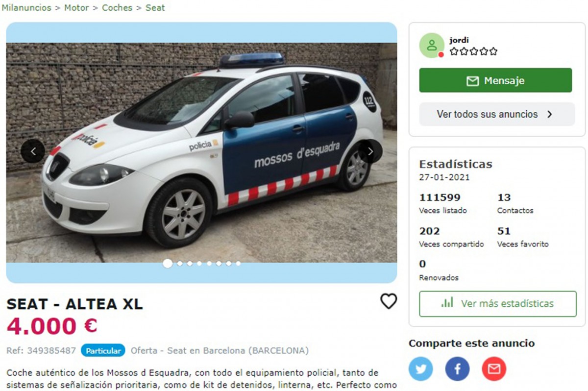 Un particular ven online un cotxe dels Mossos d'Esquadra equipat