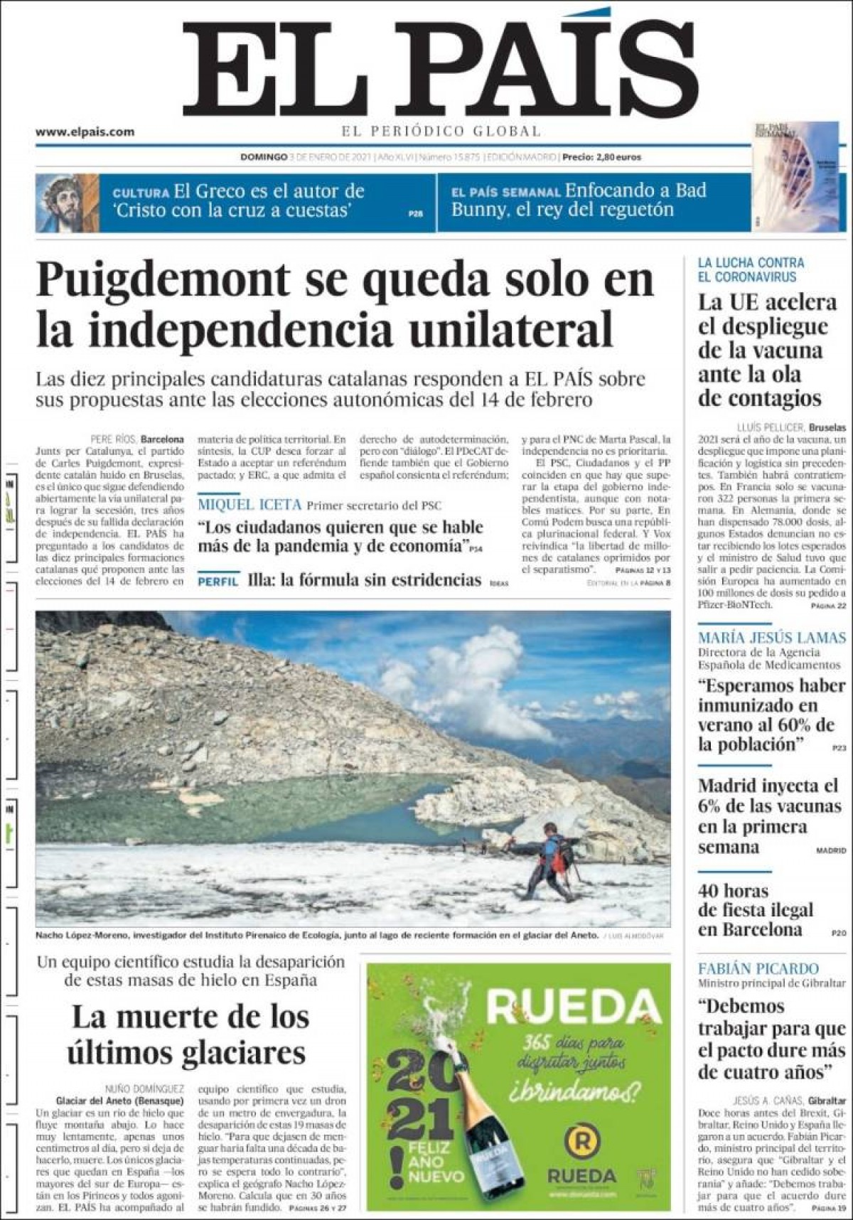 PORTADES «Puigdemont es queda sol sobre la independència unilateral», a «El País»