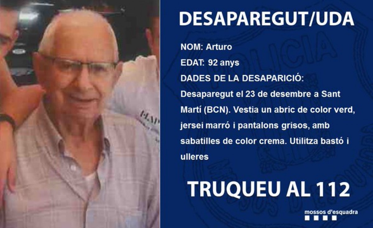 Troben mort l'home de 92 anys desaparegut dimecres a Barcelona