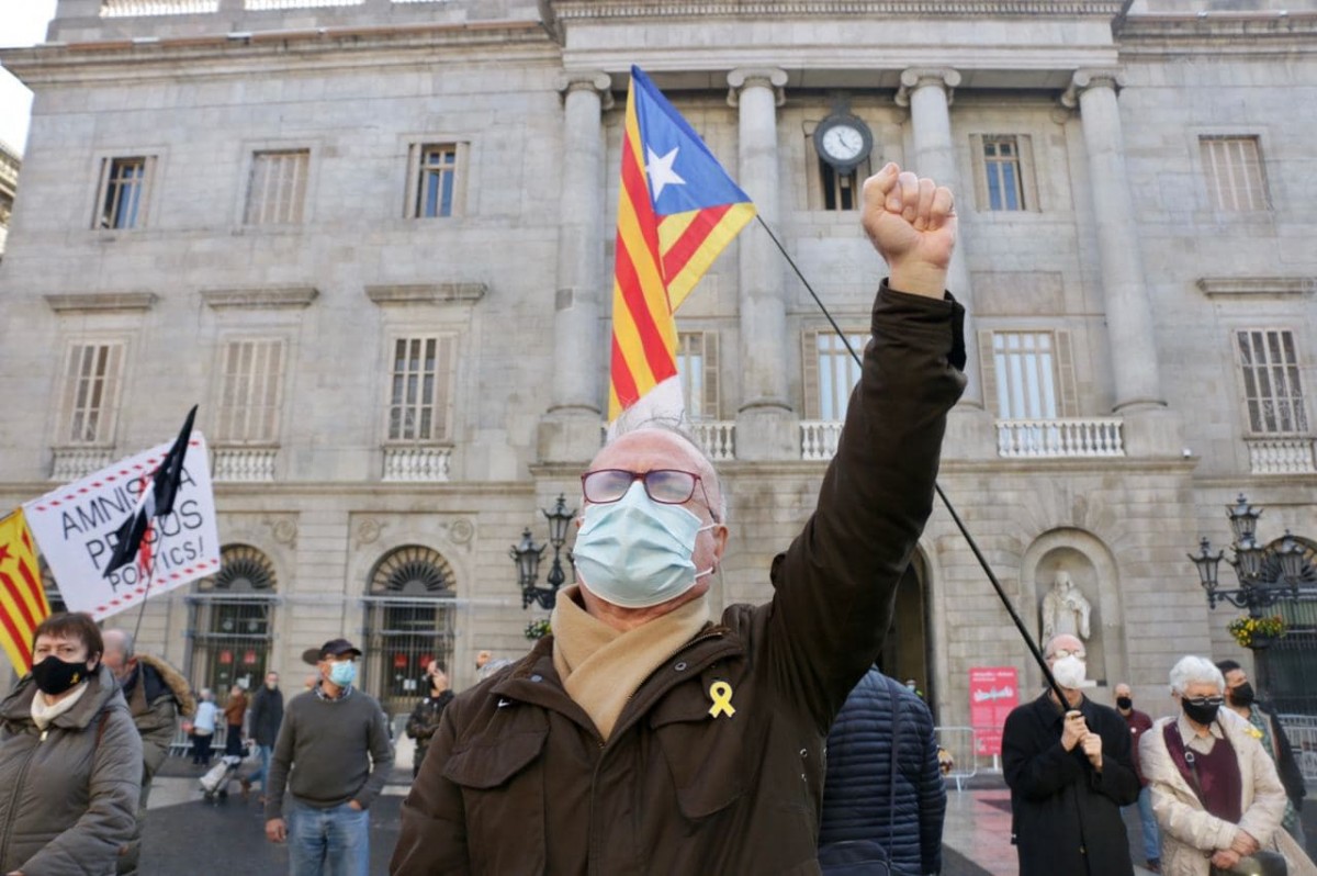 Un manifestant aquest matí a plaça Sant Jaume - ACN