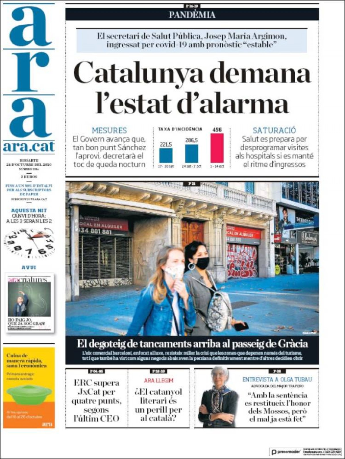 PORTADES La premsa, pendent d'un nou estat d'alarma i del toc de queda