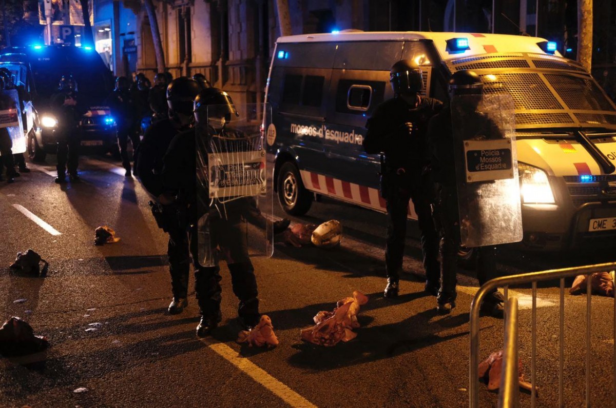 Llançament de caps de porc contra la línia policial a Barcelona. - Adrià Costa